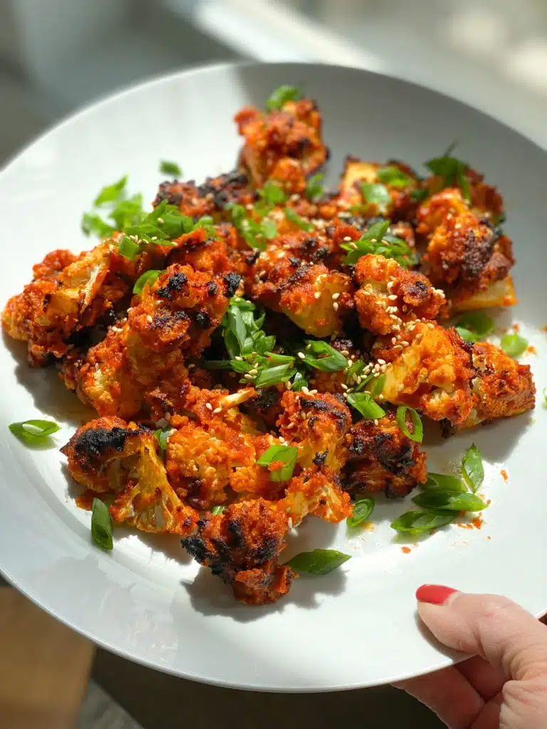Crispy fried chicken bites garnished with green herbs on a white plate.